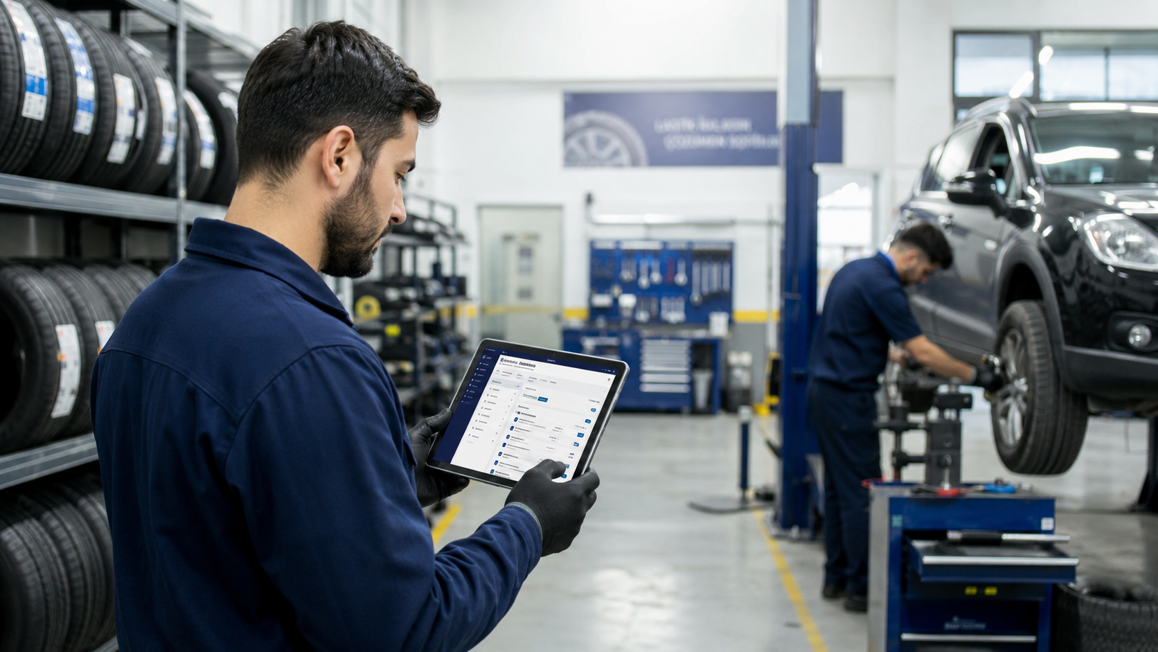 Tablet üzerinden servis iş emri ve görev takibi yapan lastik servis personeli